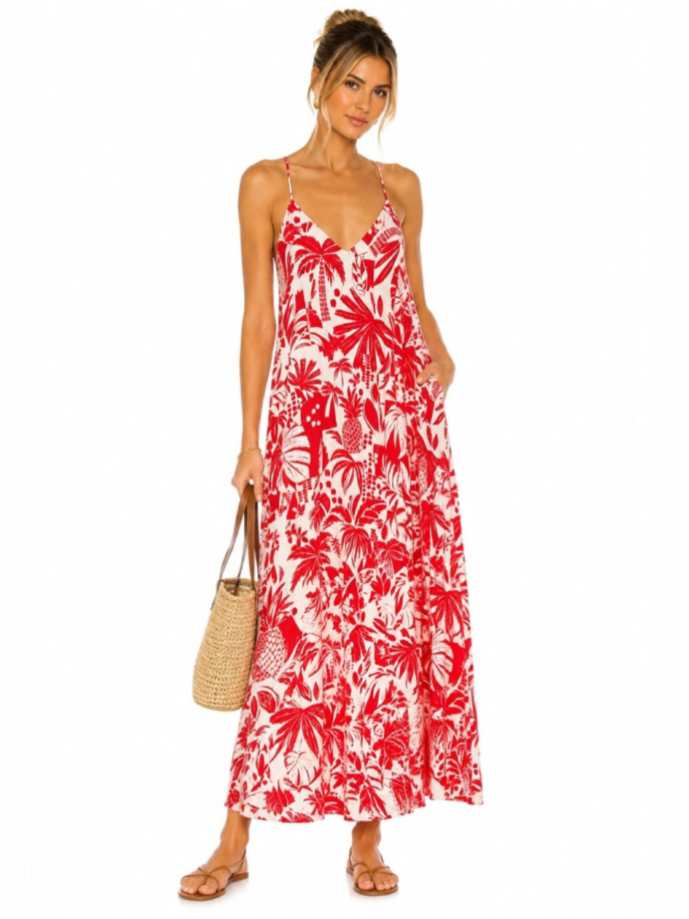Zara Red Tropical Print Slip Dress - Women's V-Neck Maxi